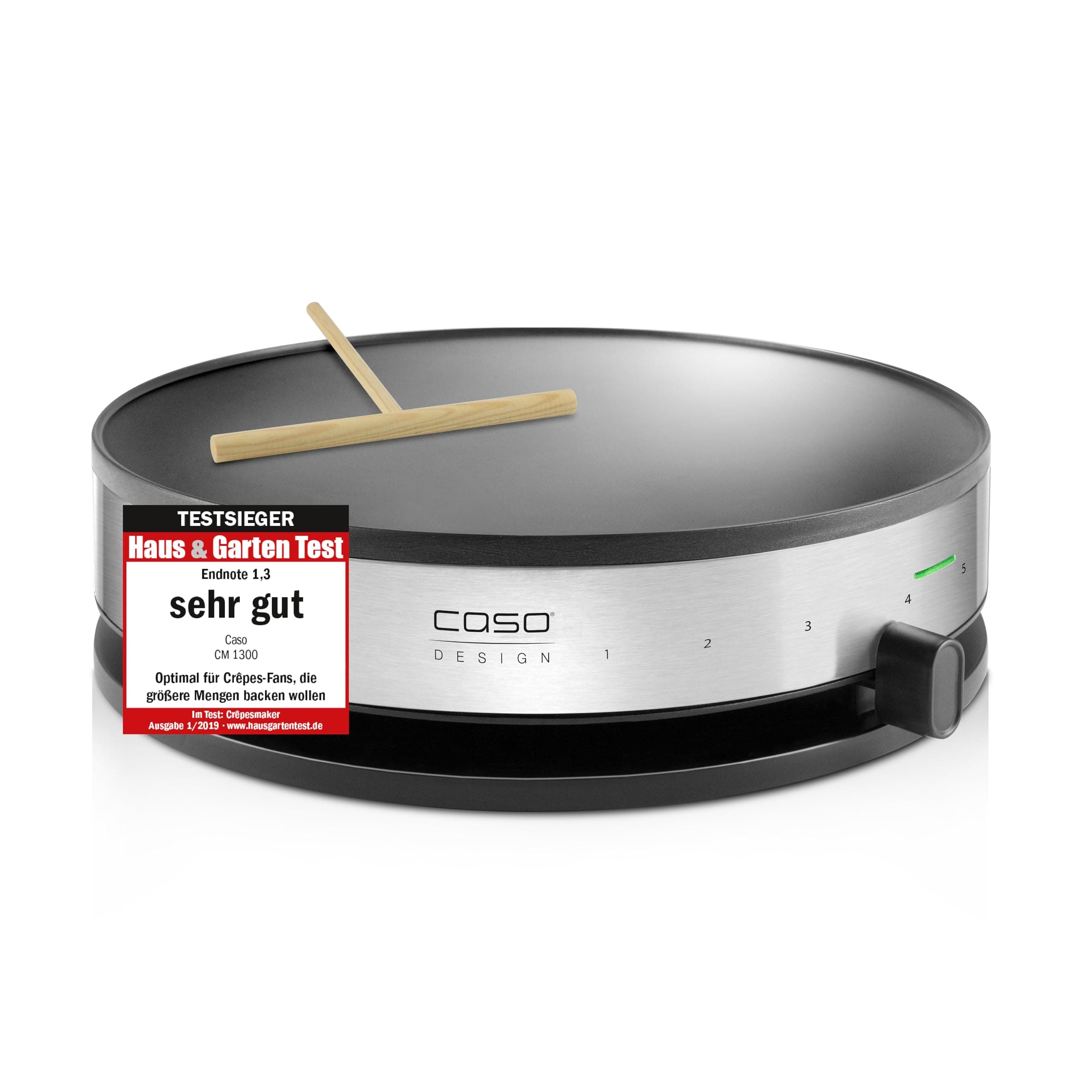 CASO CM 1300 - Crêpes Maker, Testsieger Haus & Garten Test, Antihaft‐Beschichtung, Schieberegler, inkl. Teigverteiler und Crêpes‐Wender aus Holz, Schwarz, Edelstahl Angebot bei HelloDeals