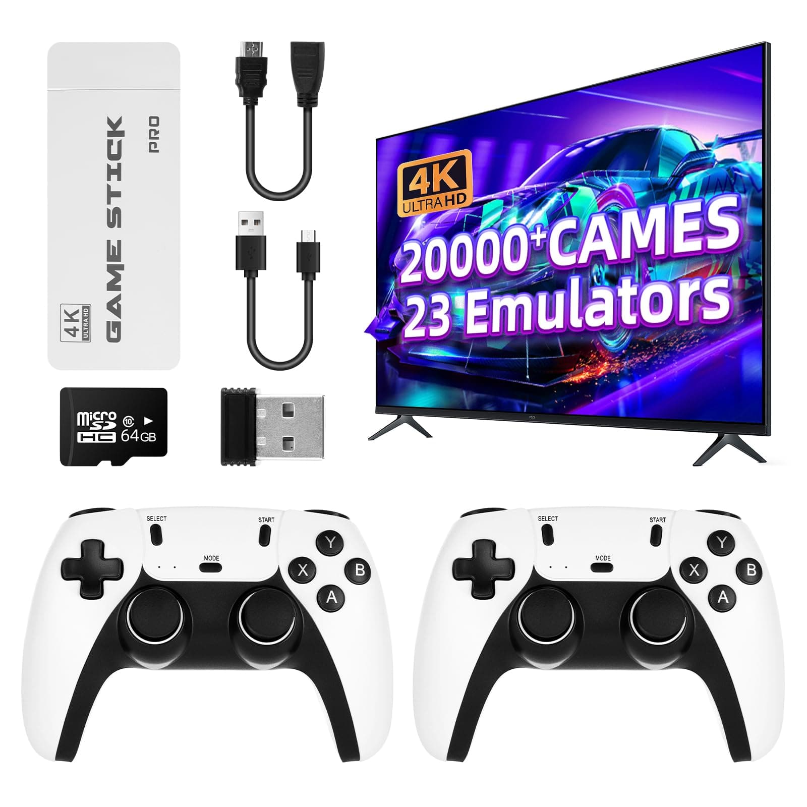 Consola de Juegos Retro Consola de Videojuegos 2 Mandos de Juego, Tarjeta Interna de 64GB / 30,000+ Juegos, Pantalla Arcade 1080P/720P HDM-White Angebot bei HelloDeals
