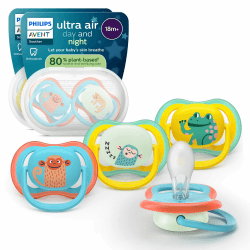 Philips Avent ultra air Day & Night Schnuller – kiefergerecht geformtes Design, für Babys ab 18 Monaten, leuchtet im Dunkeln, extra fester, symmetrischer Silikonsauger, BPA-frei, 4er-Pack, SCF349/56 Tagesschnuller & leuchtende Schnuller 4 pack Monkey & Fr Angebot bei HelloDeals