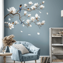 SHUCHING Wandtattoo Weiße Blumen, Wandaufkleber Magnolie, Selbstklebend Wandsticker für Wohnzimmer Schlafzimmer Küchef - Linke Weiße Magnolie – Linke Angebot bei HelloDeals