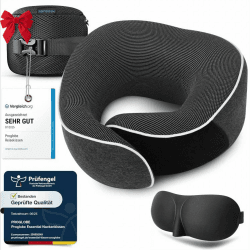 Proglobe Nackenkissen Flugzeug, Reisekissen 100% Memory Foam, Orthopädisches Nackenhörnchen, Für Reisen mit Flugzeug, Auto, Zug, Mit 3D-Schlafmaske, Hochwertige Netztasche (Dunkelgrau) Angebot bei HelloDeals