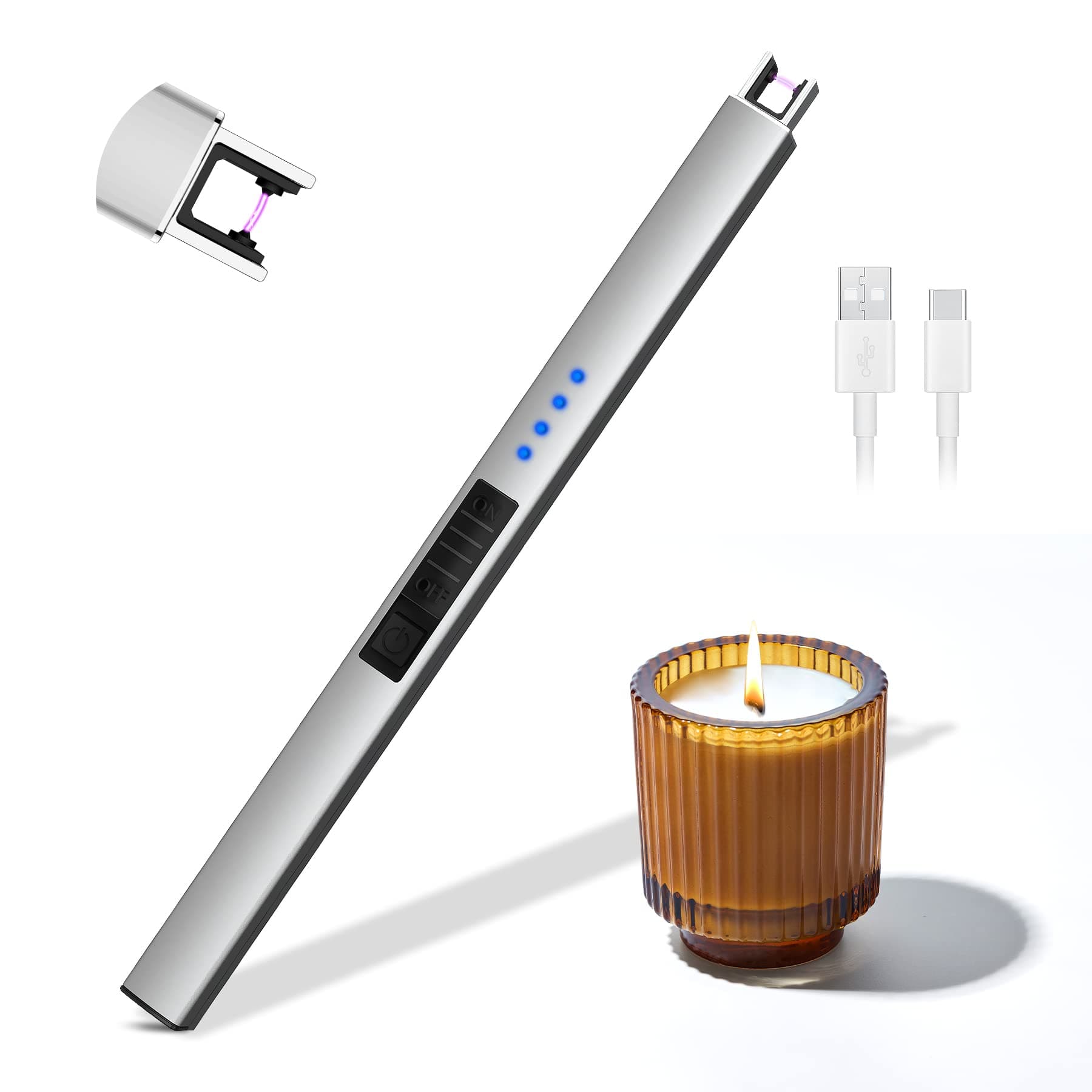Lichtbogen Feuerzeug Elektrisch,USB Aufladbar Feuerzeug Stabfeuerzeug Winddichtes, Elektro Kerzenanzünder Flammenlose Grillfeuerzeug Lighter für Kerzen Anzünden, Gasherd, Küche (Silber) I Silber Angebot bei HelloDeals