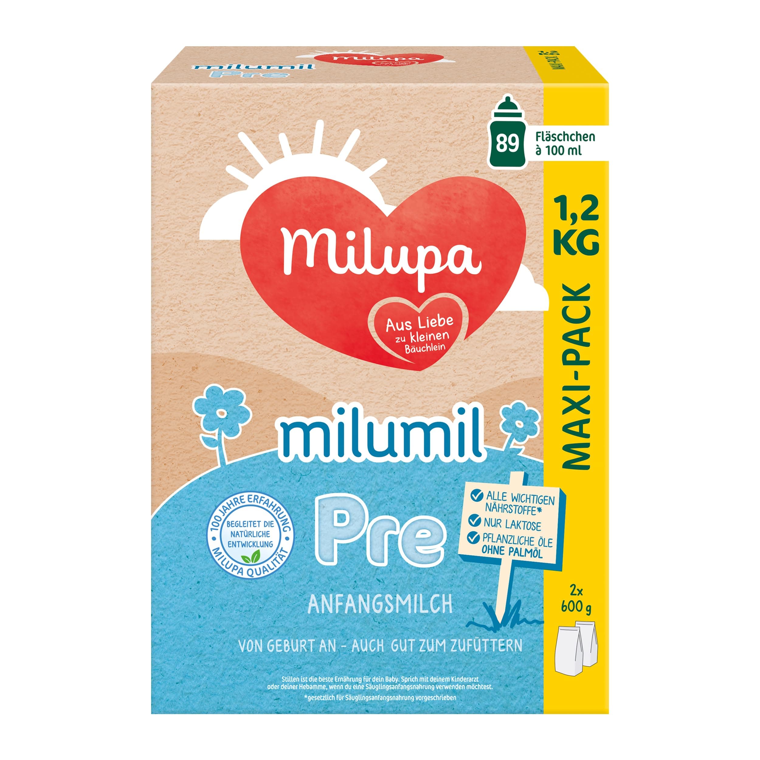 Milupa Milumil Pre – Anfangsmilch von Geburt an – Mit allen wichtigen Nährstoffen (laut Gesetz) – Ohne Palmöl – Im praktischen Maxi-Pack – 1,2 kg Milumil Milupa Pre 1.2 kg (1er Pack) Angebot bei HelloDeals