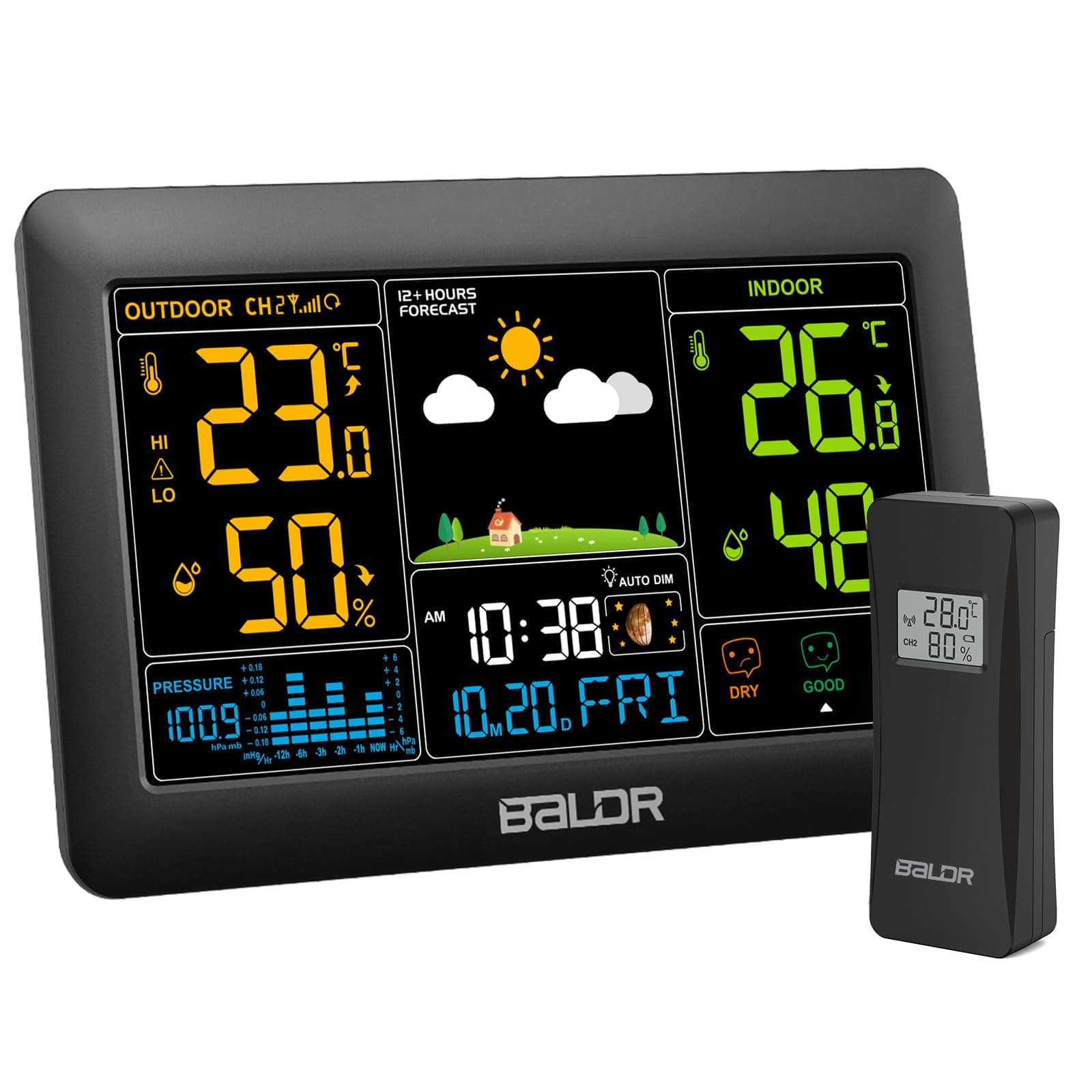 Wetterstation funk mit Außensensor DCF Funkuhr, Großes Farbdisplay mit Innen und Außentemperatur/-luftfeuchtigkeit, dimmbare Beleuchtung, Wettervorhersage, Luftdruckanzeige Angebot bei HelloDeals