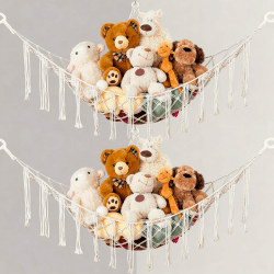 2 stück Kuscheltier Aufbewahrung Netz, Teddybär-Aufbewahrungstasche zum Aufhängen, Bohemian-Stil-Spielzeug-Hängematte Zimmerecke Aufbewahrungsnetz für Kinderzimmer, Beige Angebot bei HelloDeals