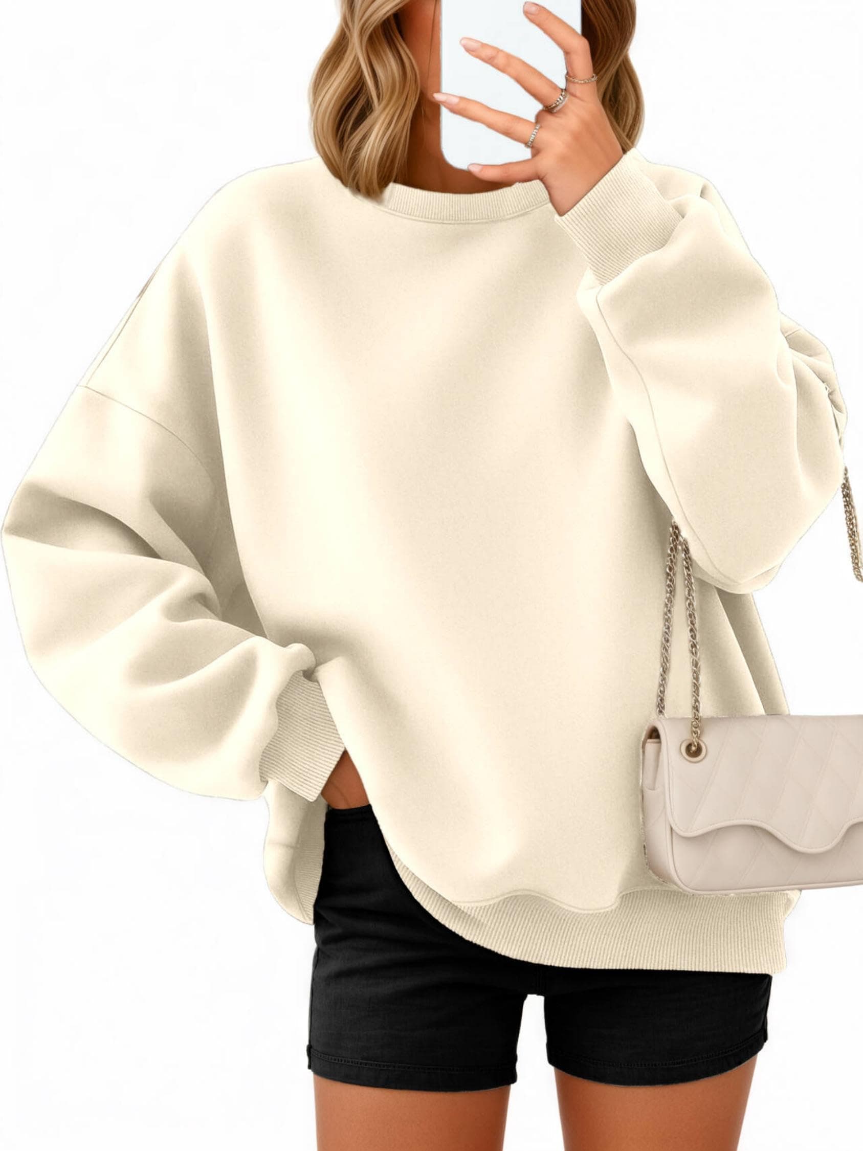 Pullover Damen Oversize Langarm Fleece Rundhalsausschnitt Sweatshirt Herbst Winter Frauen Mädchen Klamotten Locker Oberteile XL Aprikose Angebot bei HelloDeals