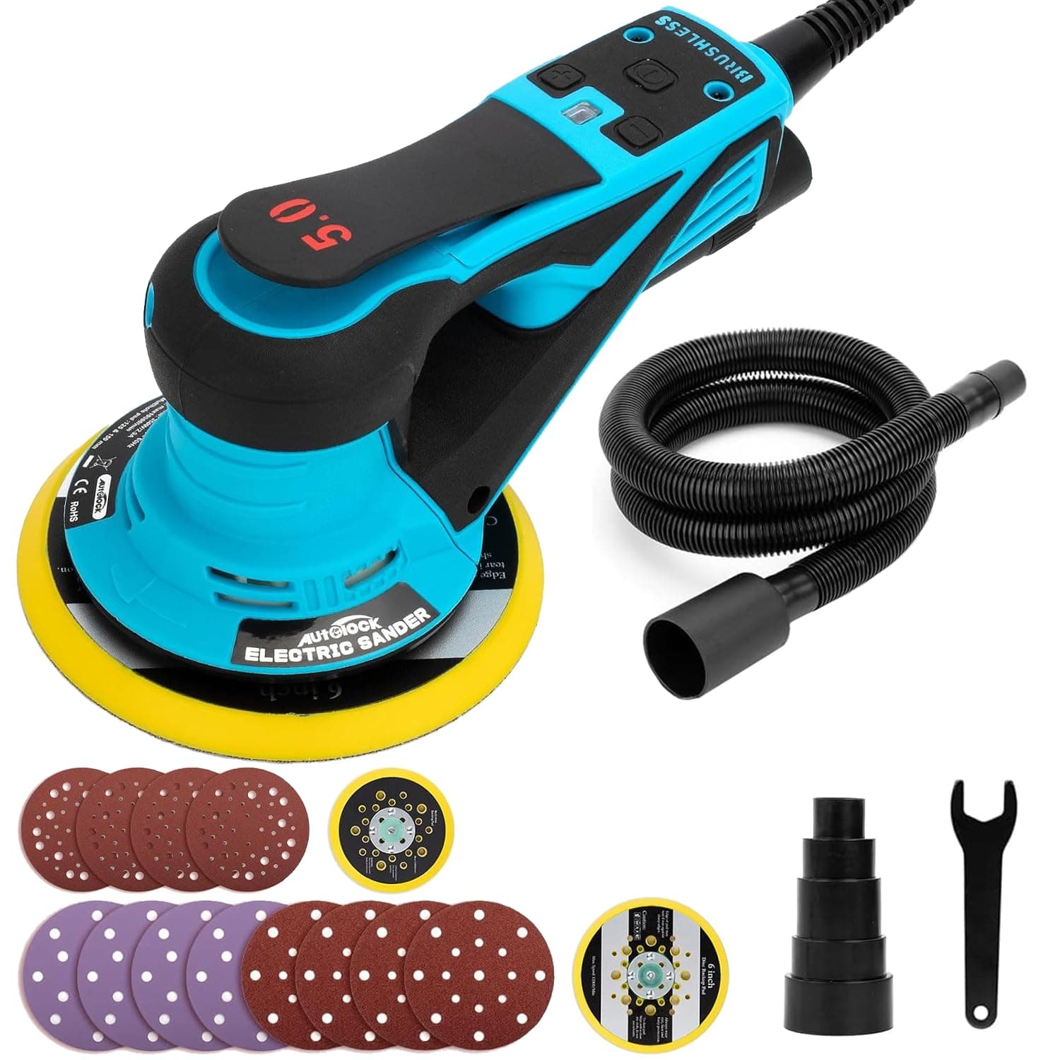 Autolock Bürstenloser Exzenterschleifer mit 125mm/150mm Schleifteller, 350W Exenterschleifmaschine, 6 Stufiger Drehzahlregelung bis 10.000 U/min Für Holzbearbeitung und Polieren (Blau) Angebot bei HelloDeals