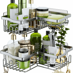 HapiRm Duschablage,Duschablage Ecke Duschregal Ohne Bohren Duschkorb mit 11 Haken Seifenschale und Rasiererhalter,Rostfrei,Badregal für Badezimmer Küche Dusche,6 Selbstklebend Eck-silber Angebot bei HelloDeals