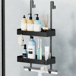 Duschablage zum Hängen, Duschregal zum Hängen für Glasduschtüren, Shampoo Halterung für Dusche, Duschkorb Duschablage Ohne Bohren Schwarz mit 8 Haken, Edelstahl 65.5x30x11.2 cm Angebot bei HelloDeals