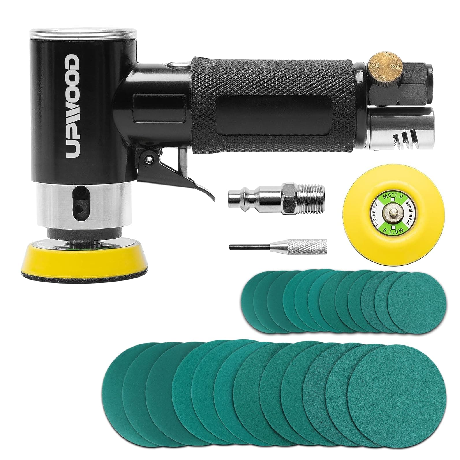 Mini Druckluft-Exzenterschleifer Set mit 2" (50 mm) und 3" (75 mm) Schleiftellern, Kompakter Pneumatischer Schleifer mit 24 Grünen Schleifscheiben, Ideal für Auto, Holz und Metall Mini Schwingschleifer Angebot bei HelloDeals