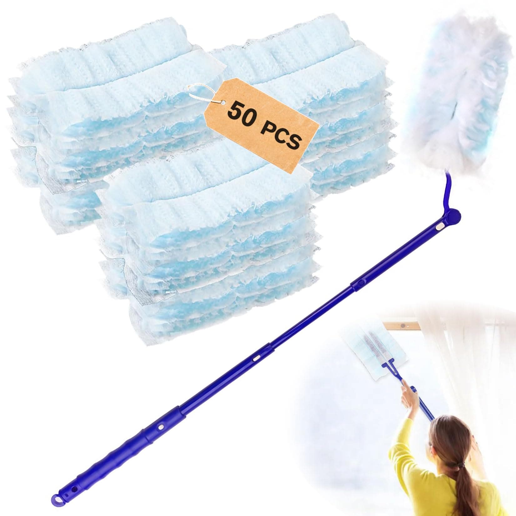 50 Stück für Swiffer Staubmagnet mit 1 Teleskopgriff zum Tierhaare Staub Schmutz Staubwedel Nachfüllpack Set Staub Staubtücher für Zuhause Schule Büro Angebot bei HelloDeals