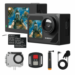 SVBONY SVGo2 4K Unterwasserkamera, Action-Kamera mit Auftriebsstab, EIS, wasserdicht bis 30m, Touchscreen, Dual-Screen, 2x1350mAh Akkus, 140° Weitwinkel, WLAN & 2,4G, Zubehörset zum Schnorcheln Angebot bei HelloDeals