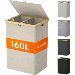 Lifewit 160L Bambus Wäschekorb mit Deckel, Faltbar Wäschesammler 2 Fächer Wäschesortierer mit Abnehmbarem Wäschesack Bambus Griffen Wäschebox Laundry Baskets für Waschküche, Schlafzimmer, Beige Beige 160L（2 Fächer） Angebot bei HelloDeals