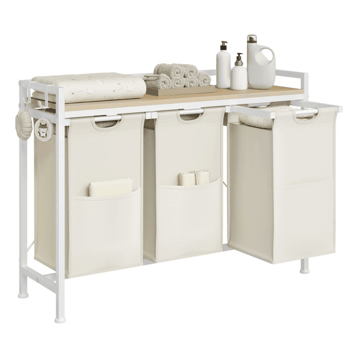 WOLTU Wäschekorb 3 Fächer, jedes 40 L, Wäschesammler mit Ablage Metallrahmen, Oxford-Stoff-Wäschesack ausziehbar abnehmbar, Wäschesortierer Wäschebehälter weiß Weiß+helle Eiche 96 x 71 x 30 cm Angebot bei HelloDeals