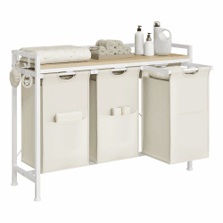 WOLTU Wäschekorb 3 Fächer, jedes 40 L, Wäschesammler mit Ablage Metallrahmen, Oxford-Stoff-Wäschesack ausziehbar abnehmbar, Wäschesortierer Wäschebehälter weiß Weiß+helle Eiche 96 x 71 x 30 cm Angebot bei HelloDeals