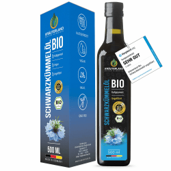 Kräuterland Schwarzkümmelöl Bio 500ml, kaltgepresst & ungefiltert, hoher Thymochinon‑Anteil, ägyptische Samen, mühlenfrisch, 1. Pressung, 100% Nigella sativa, naturrein, lichtgeschützten Glas Angebot bei HelloDeals