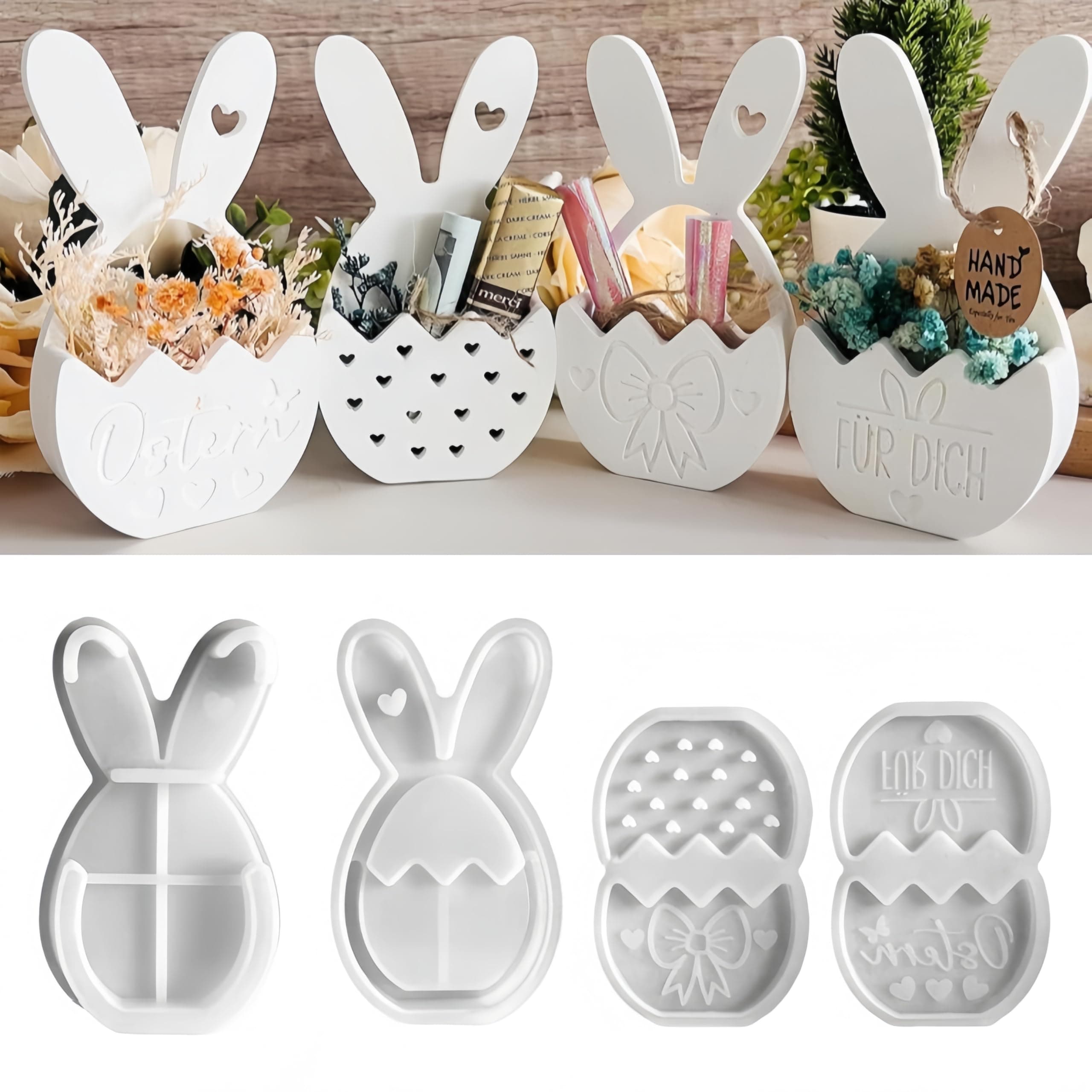 4 Stück Silikonformen Gießformen Ostern für Kleiner Blumenkorb-Hase Gießformen Silikonform Ostern Frühling für DIY Osterdeko Handwerk, Geldgeschenk, Ornament (Stil A) Angebot bei HelloDeals