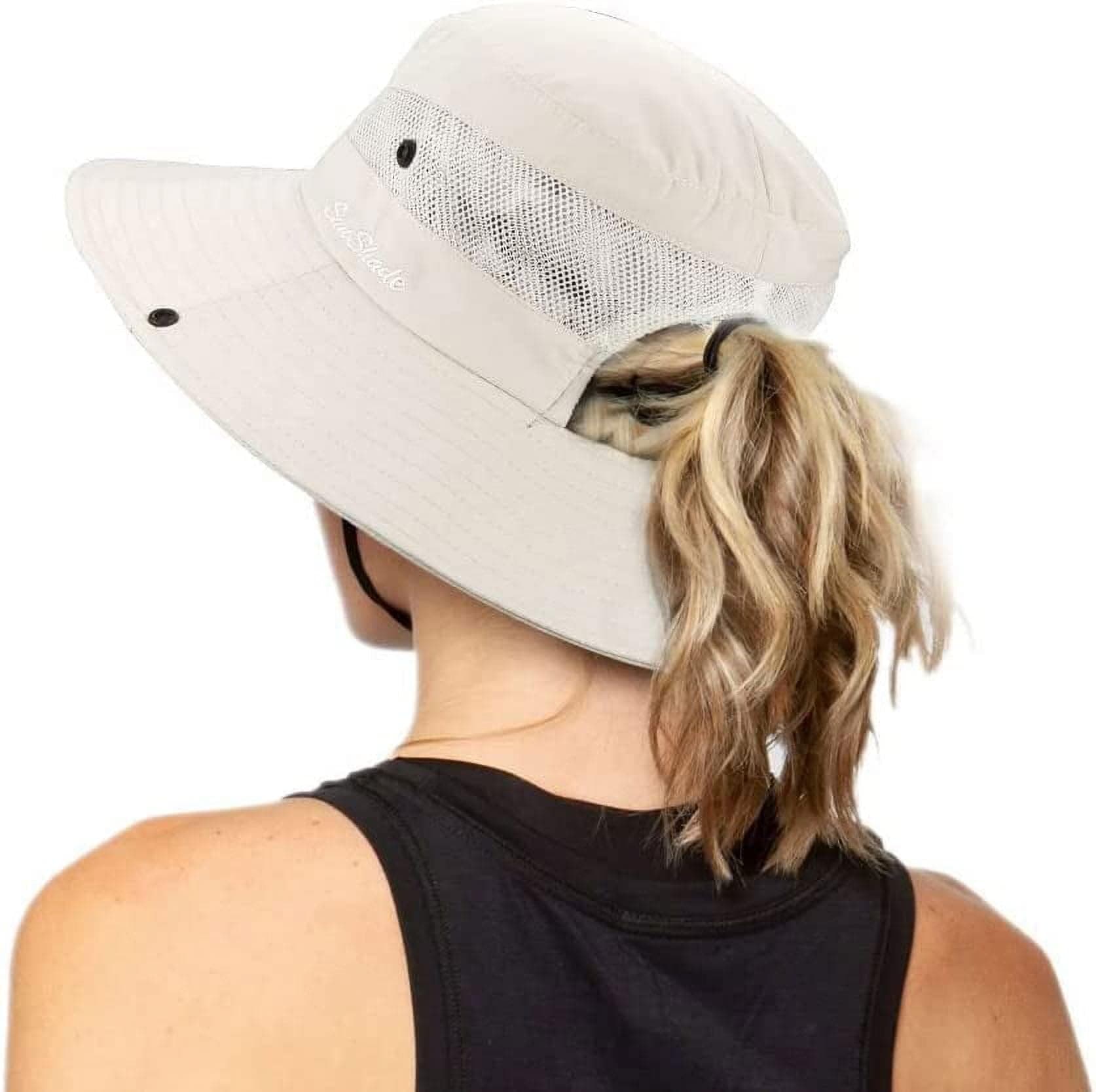 Damen Outdoor UV-Schutz Faltbare Sonnenhüte Mesh Breiter Rand Strand Fischerhut mit Pferdeschwanzloch Einheitsgröße Beige Angebot bei HelloDeals