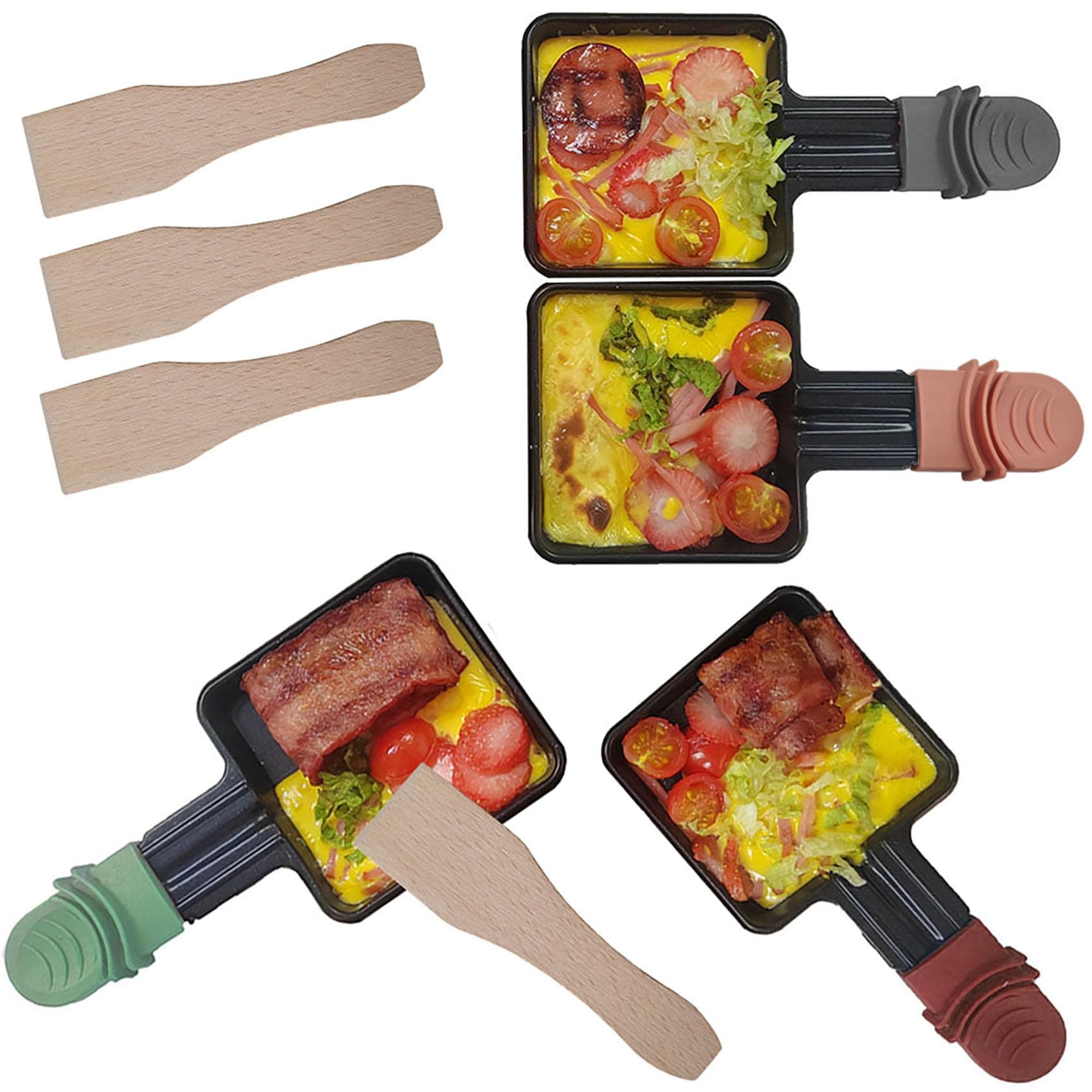 4 Stück Raclette Pfännchen 18x9CM Quadratische Pfanne aus Gusseisen Mit Antihaftbeschichtung Mit Farbigem Griff Bringen Mit 4 Holzspateln für Raclette Grill Zubehör Neue Farbe Angebot bei HelloDeals