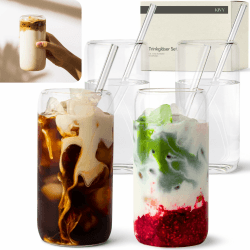 KIVY Trinkgläser Set mit Glas Strohhalm [4x 450ml] Eiskaffee, Wasser & Matcha Glas - Longdrinkgläser Set - Kaffee & Matcha Gläser - Kaffeegläser - Latte Macchiato Gläser - Hohe Cocktailgläser Standard 450ml Angebot bei HelloDeals