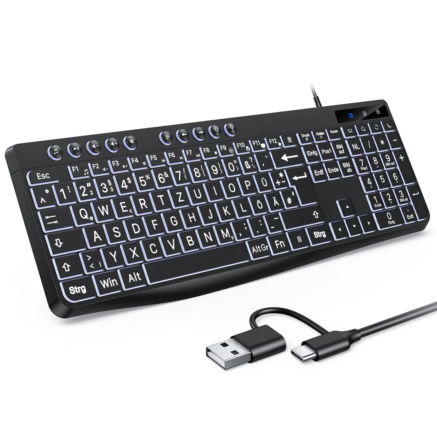 OMOTON Beleuchtete Tastatur, Kabel PC Tastatur, QWERTZ Weiß Beleuchtet mit großem Druck, 2 in 1 USB A/C- Für Senioren, Kinder, Sehbehinderte für Windows mit Multimedia-Tasten Angebot bei HelloDeals