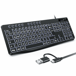 OMOTON Beleuchtete Tastatur, Kabel PC Tastatur, QWERTZ Weiß Beleuchtet mit großem Druck, 2 in 1 USB A/C- Für Senioren, Kinder, Sehbehinderte für Windows mit Multimedia-Tasten Angebot bei HelloDeals