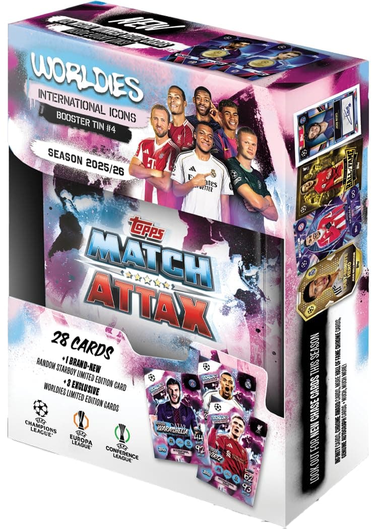 Topps UCC Match Attax 2025/26 - Mini Tin - International Icons - enthält 28 Match Attax-Karten Plus eine zufällige Star Boy LE und 3 Exklusive „Worldies“-LE-Karten. Angebot bei HelloDeals