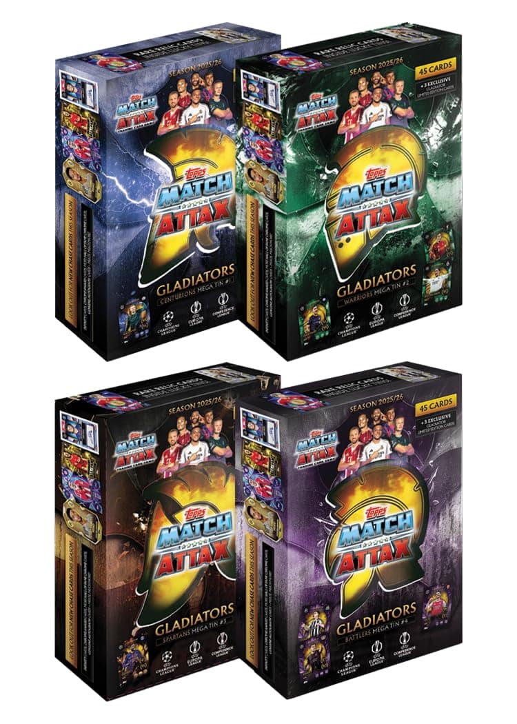 Topps UCC Match Attax 2025/26 - Mega Tin Bundle - enthält alle 4 Mega Tins der Match Attax 2025/26-Kollektion – Centurions, Warriors, Spartans und Battlers. Angebot bei HelloDeals
