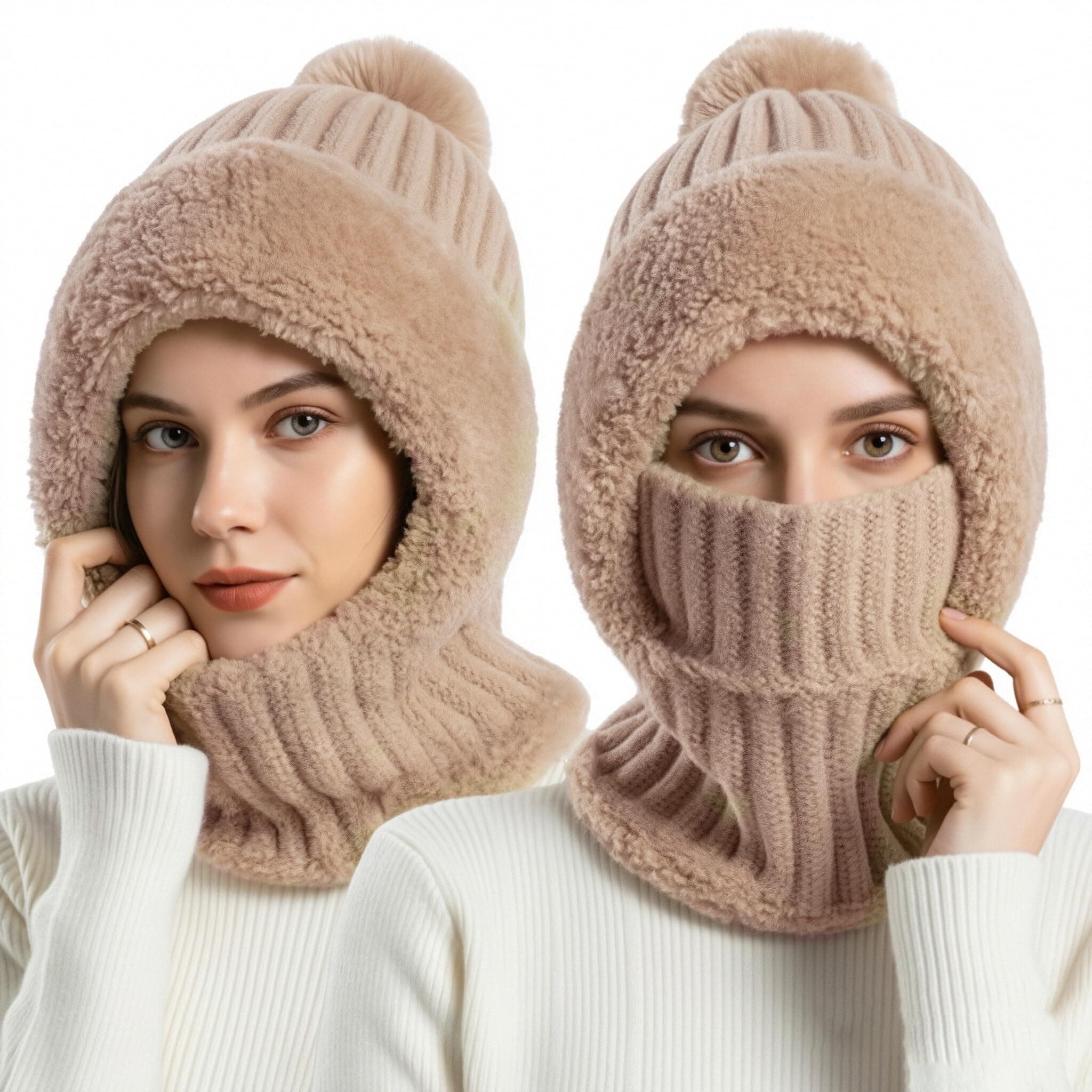 Schalmütze Damen, Balaclava Strickmütze, Multifunktional Sturmhaube, 3-in-1-Beanie Mütze Gesichtsmaske und Schal Fleecegefüttert Winddicht Mütze, Winter Thermo Kapuzenschal, Mützenschal Khaki Angebot bei HelloDeals