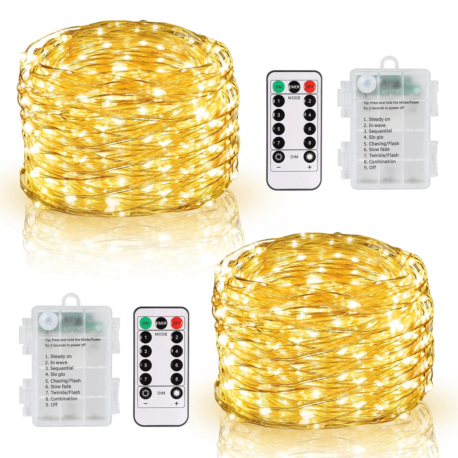 DBFAIRY Lichterkette Batterie, 2x10M 100 LED Lichterkette Batterie mit Fernbedienung 8 Modi und Timer, Wasserdicht Lichterketten Draht für Innen Außen Party Hochzeit Weihnachten Deko (Warmweiß) Angebot bei HelloDeals