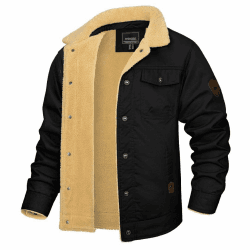 KEFITEVD Herren Sherpa Fleece Trucker Jacken Revers Casual Military Cargo Jacket Winter Thicken Warm Coat with Fur Collar L Schwarz Angebot bei HelloDeals