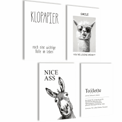 mojoliving Witzige Poster Set 4er Set Wandbilder WC Sprüche Lama Esel Toilette Humor A4 Kunstdrucke schwarz weiß Badezimmer Gäste WC Deko Geschenkidee Posterset 4x A4 (21x30cm) | ohne Rahmen Toilette Definition Angebot bei HelloDeals