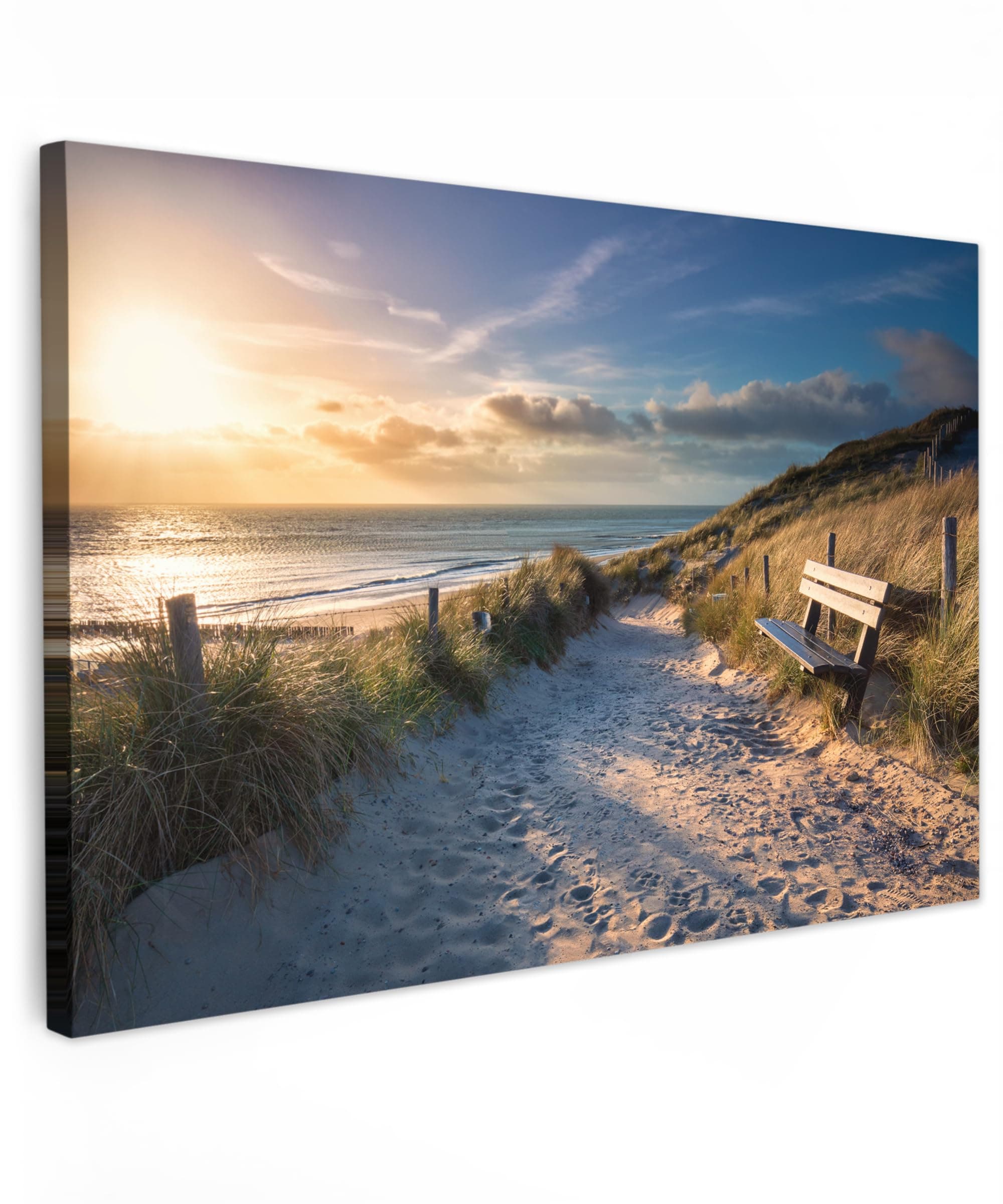 MuchoWow© Leinwand Bilder Groß 120x80 cm XXL Wanddeko Wohnzimmer Aesthetic Room Decor Deko Zimmer Wandbilder Modern Fotogeschenke Sonnenuntergang - Strand und Meer - Düne - Gras - Bank - Sonne Strand Bank 80L x 120B cm Angebot bei HelloDeals