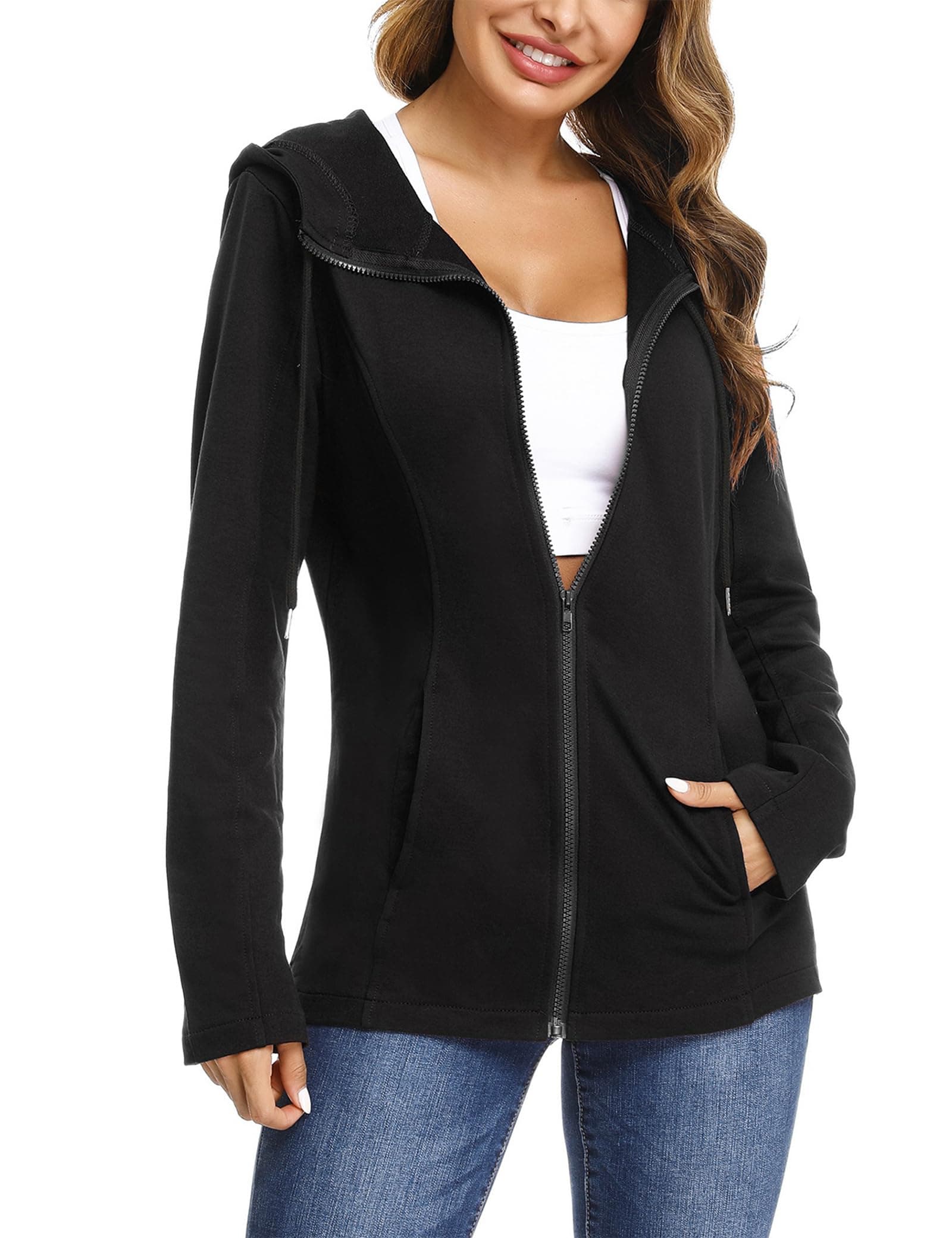 Dünn Zip Hoodie Damen Baumwolle Sweatjacke mit Kapuze Einfarbig Basic Kapuzenjacke Kapuzenpulli Outwear Sweatshirt mit Reißverschluss Jacken für Frühling Herbst Schwarz L Angebot bei HelloDeals