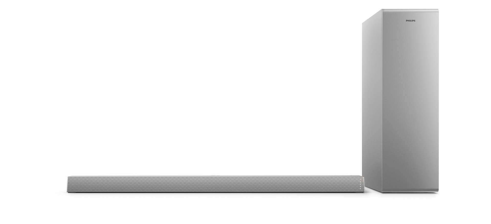 Philips Kabellos Soundbar mit Subwoofer/Bluetooth, 2.1 Kanäle, 140 W, Dolby Audio, HDMI ARC, Schlankes Design Inklusive Wandhalterung - Bluetooth Lautsprecher Philips TAB6405/10, Silber Angebot bei HelloDeals