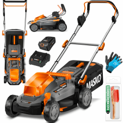 MASKO® Akku Rasenmäher mit Mulchfunktion, Akku Li-Ion Batterie 4Ah & Ladegerät Rasentrimmer 33cm Schnitt-Breite 5X Höhenverstellbar 30L Fangkorb Flächen bis 150m² inkl. Handschuhe & Bürste Schnittbreite 33cm Schwarz / Orange Angebot bei HelloDeals