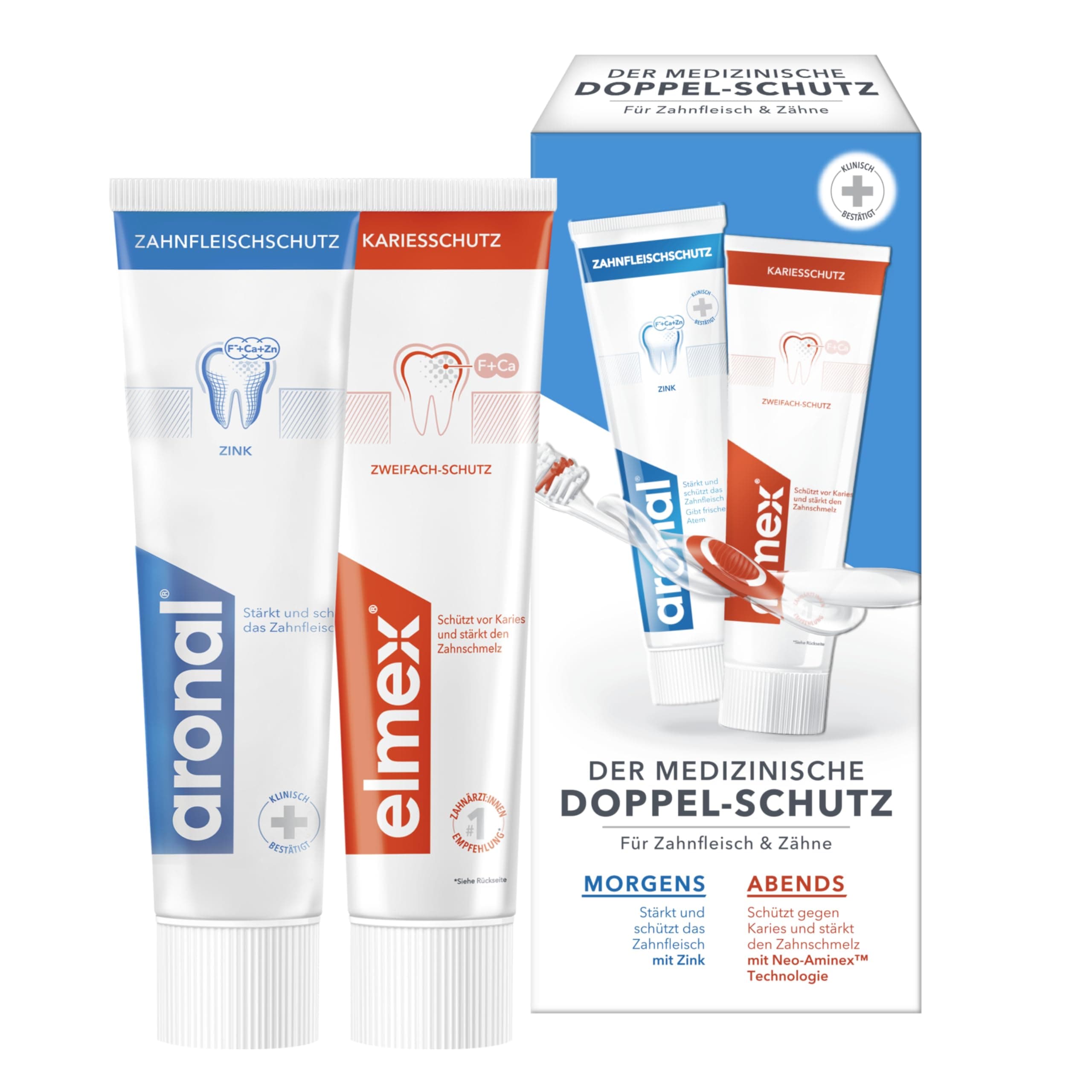 aronal & elmex Zahnpasta Doppel-Schutz 2x75ml – medizinische Zahnreinigung mit doppeltem Schutz für Zahnfleisch und Zähne – stärkt die Zähne gegen Karies für morgens und abends 75 ml (2er Pack) Angebot bei HelloDeals