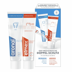 aronal & elmex Zahnpasta Doppel-Schutz 2x75ml – medizinische Zahnreinigung mit doppeltem Schutz für Zahnfleisch und Zähne – stärkt die Zähne gegen Karies für morgens und abends 75 ml (2er Pack) Angebot bei HelloDeals