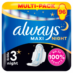 Always Maxi Night Binden Mit Flügeln (Größe 3) 12 Stück, Bis zu 100% Schutz, einzeln verpackt 96 Stück (8 x 12) Angebot bei HelloDeals