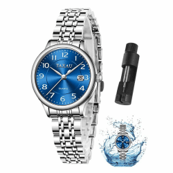 Uhren für Frauen Arabische Ziffern Kleines Zifferblatt Easy Read Damenuhren Einfacher Stil Datum Edelstahl wasserdichte Uhren für Frauen Reloj para Mujer Silber Band Blaues Gesicht-8863g Angebot bei HelloDeals