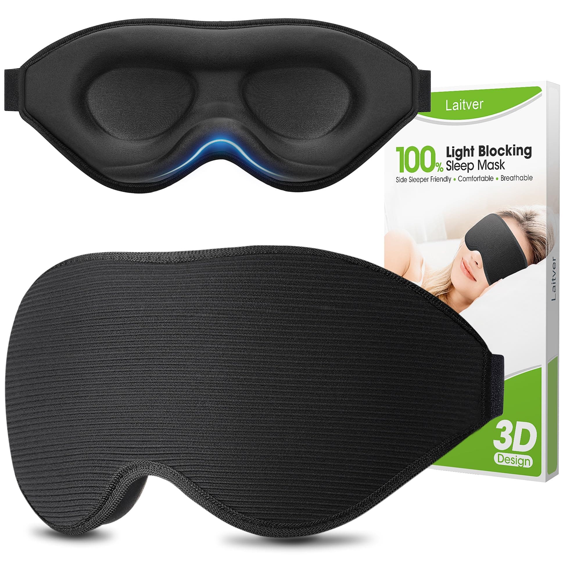 Schlafmaske für Seitenschläfer, Laitver 2025 Aktualisiertes Design 3D Lichtblockierend Augenmaske Frauen & Herren, Bequem & Atmungsaktive Druckfrei Schlafbrille mit Verstellbar Gummiband für Reisen Schwarz Angebot bei HelloDeals