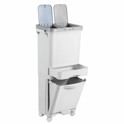 Mülleimer Küche 3 Fächer, 42L Trocken und Nasstrennung Abfalleimer Küche mit Deckel, Tretmülleimer mit Deckel auf Rädern für Küche Wohnung Büro, Weiß Angebot bei HelloDeals