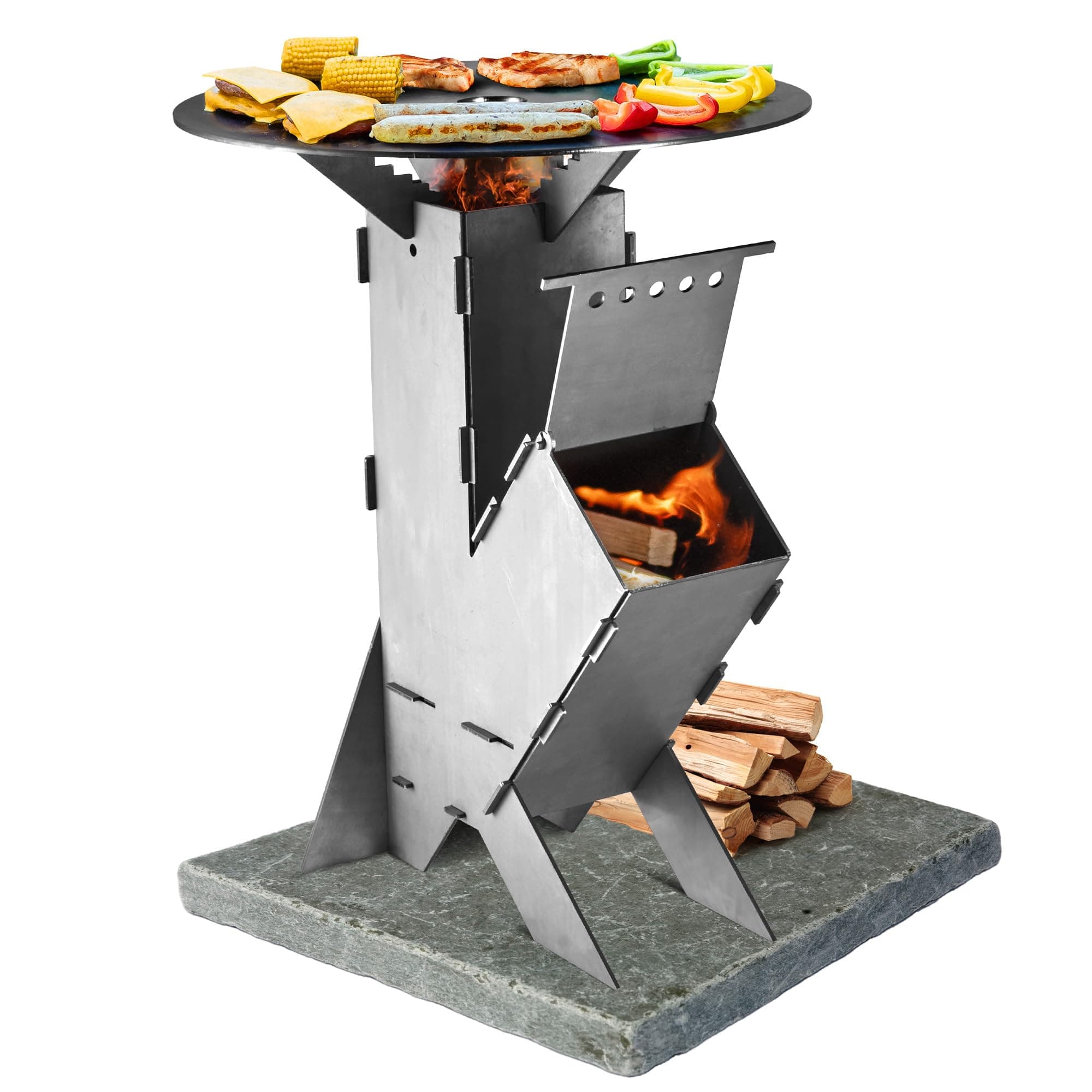 GRAFT Raketenofen inkl. Grillplatte Rocket Stove Stecksystem aus massivem 3 mm dickem Stahl | Feuerschale | Pelletofen | Holzofen | Campingkocher | Campinggrill | Holzkochherd Angebot bei HelloDeals