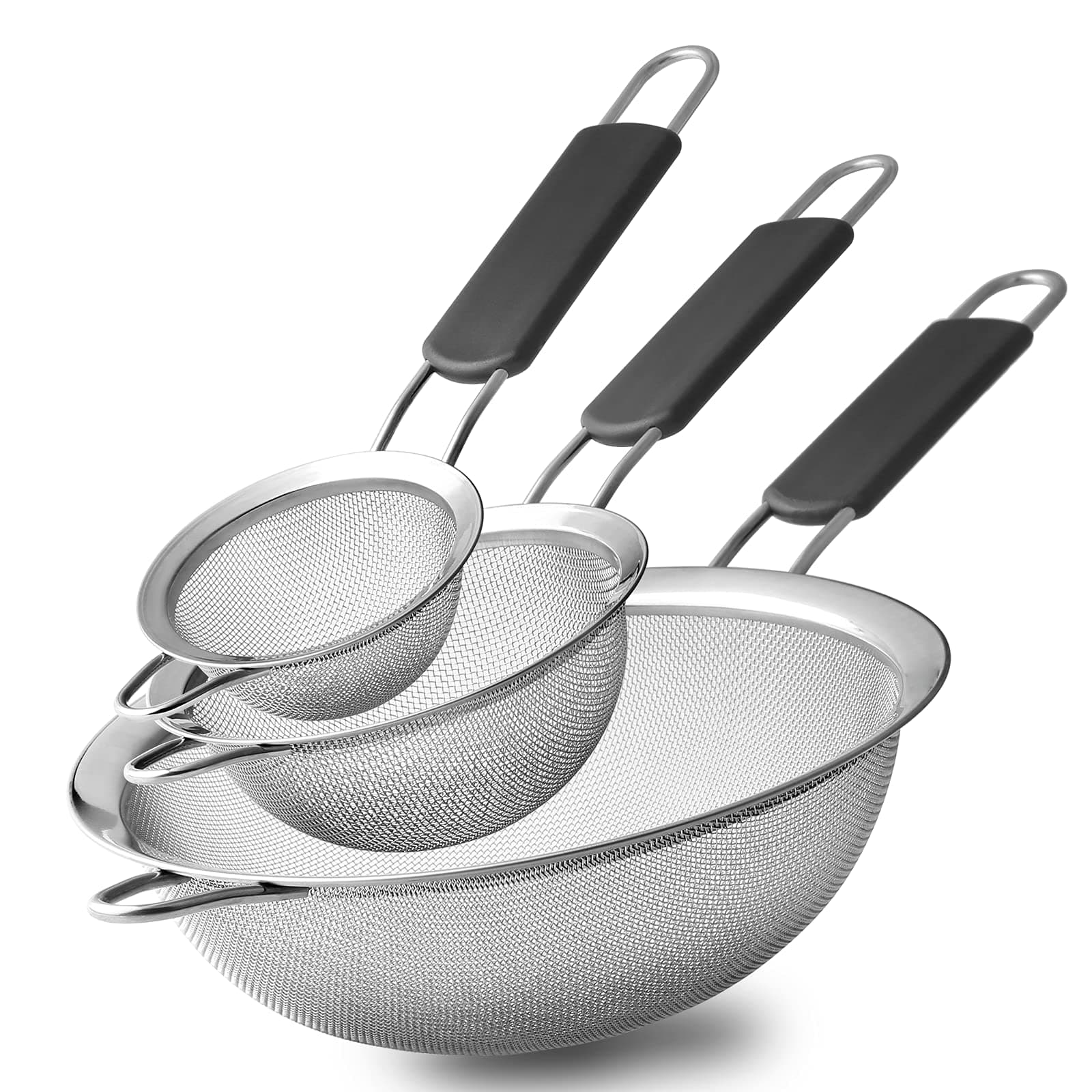 Feines Sieb Küchensieb, 3 Stück 8 16 18 cm Edelstahl Mehlsieb Seiher mit Rutschfesten Verdickten Silikon Isoliertem Griffen, Feinmaschig Siebe Set für Abtropfen Wie Quinoa,Nudeln, Mehl Mit Kunststoffgriff Angebot bei HelloDeals
