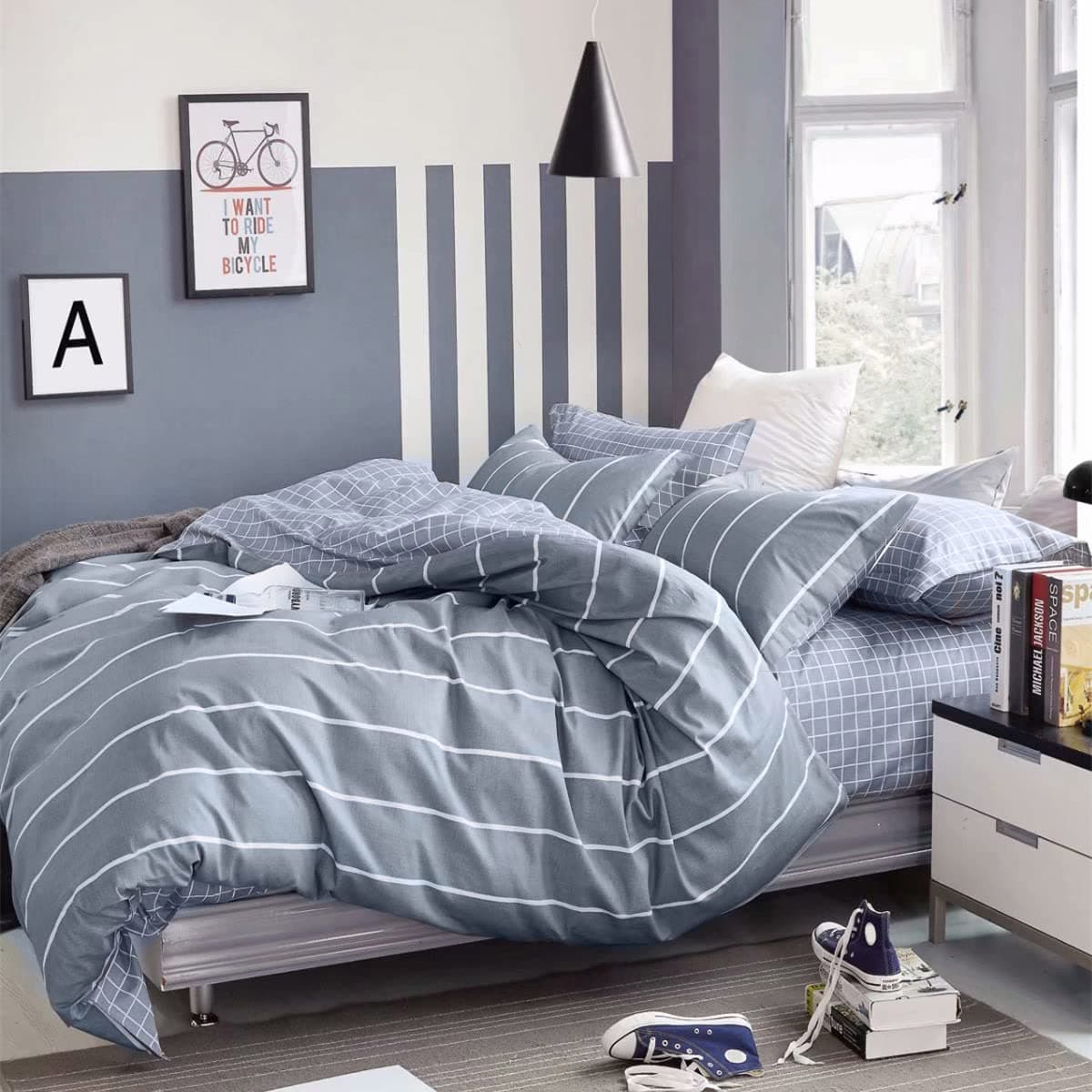 Bettwäsche 155x 220 Grau für Winter bis Sommer Weiß Gestreift 100% Baumwolle mit Reißverschluss 2 teilig 155 x 220 cm Grau Angebot bei HelloDeals