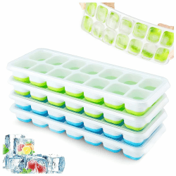4er Pack Eiswürfelform Silikon Mit Deckelm, Platzsparend und stapelbar Ice Tray Ice Cube, LFGB Zertifiziert und BPA Frei Quadratische Eiswürfelschalen einfach Herauszunehmen 2 Blau+2 Grün Angebot bei HelloDeals