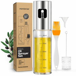 PORTENTUM Ölsprüher 100ml aus Edelstahl, Ölspender Glasflasche mit Zubehör, Auslaufsicherer Ölspray für Kochen, Grillen, Salat und Heißluftfritteuse Ölsprühgerät mit Zubehör Angebot bei HelloDeals