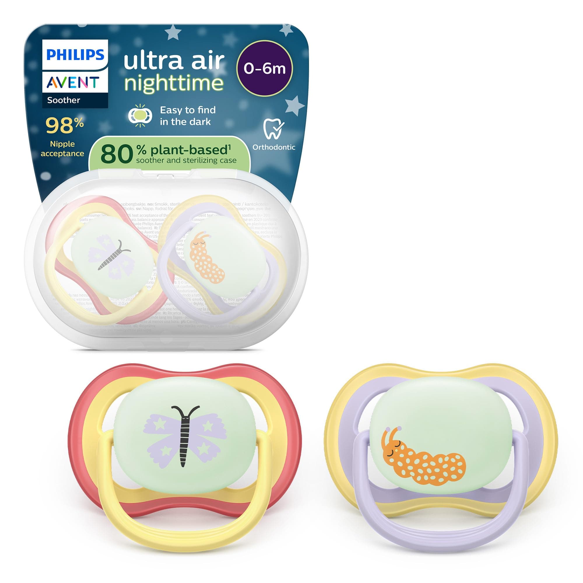Philips Avent ultra air Nighttime Schnuller – kiefergerecht geformtes Design, für Babys von 0–6 Monaten, leuchtet im Dunkeln, weicher, symmetrischer Silikonsauger, BPA-frei, 2er-Pack, SCF376/25 Leuchtende Schnuller 2 pack Butterfly Angebot bei HelloDeals