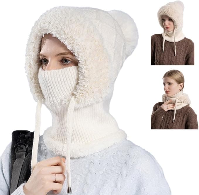 Schalmütze Damen, Balaclava Strickmütze, Multifunktional Sturmhaube, 3-in-1-Beanie Mütze Gesichtsmaske und Schal Fleecegefüttert Winddicht Mütze, Winter Thermo Kapuzenschal, Mützenschal Weiß Angebot bei HelloDeals