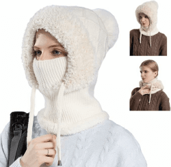 Schalmütze Damen, Balaclava Strickmütze, Multifunktional Sturmhaube, 3-in-1-Beanie Mütze Gesichtsmaske und Schal Fleecegefüttert Winddicht Mütze, Winter Thermo Kapuzenschal, Mützenschal Weiß Angebot bei HelloDeals